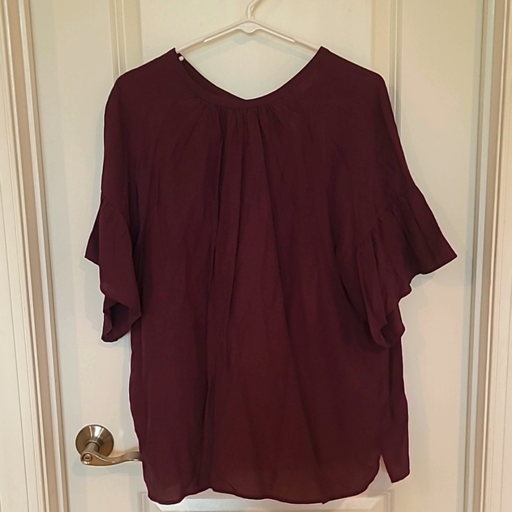 LOFT NWT Mixed Media Blouse XL with Flounce Sleeves and Bow Tie in Back